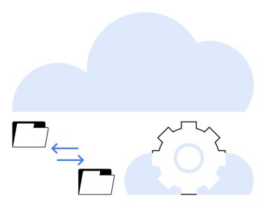 Dosyaları oklarla değiş tokuş eden dizinler, bulut içinde otomasyonu temsil eden teçhizatlar, bulut deposu. Teknoloji, bulut hesaplama, veri paylaşımı, otomasyon, iş akışı, dijital dönüşüm için ideal