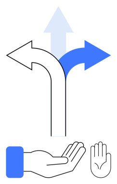 Farklı oklar, karar verme mekanizmasını, yönü ve desteği temsil eden açık ellerle eşleştirilmiş birden fazla yolu gösteriyor. Seçim, rehberlik, liderlik, kariyer, büyüme güven ve strateji için ideal