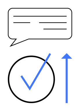 Cümleli konuşma balonu, çemberin içinde kalın işaretler ve yukarı doğru ok. İletişim, onay, ilerleme, başarı, hedefler ve motivasyon için ideal. Minimalist düz metafor