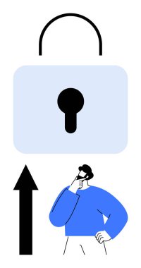 Asma kilit altında ve yukarı doğru ok altında düşünen bir adam güvenliği, ilerlemeyi, karar vermeyi sembolize eder. Siber güvenlik, kişisel güvenlik, veri koruması, problem çözme, analiz stratejisi için ideal