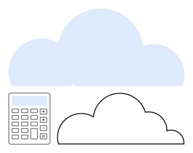 Mavi bulut şekli, çizilmiş bulut hesaplamayı ve depolamayı sembolize eden hesap makinesi. Teknoloji, finans, bulut hesaplama, veri analizi, dijital araçlar, yenilik bağlantıları için idealdir. Düz basit