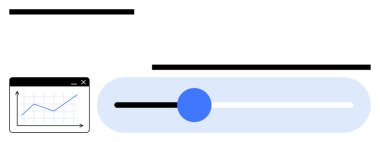Yukarı doğru grafiği olan grafik penceresi mavi düğmeli yatay kaydırıcının yanında. Veri analizi, büyüme, ilerleme, karar verme, strateji, kontrol ve uyum için ideal. Düz basit metafor
