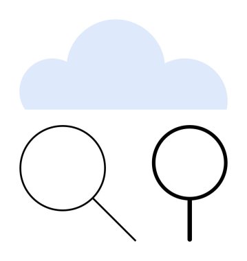 Veri depolama ve analizi sembolize eden bir bulutun altındaki fikirleri araştıran büyüteçler. Teknoloji, bulut hesaplama, dijital arama, keşif, büyük veri, araştırma ve yenilik için idealdir. Düz