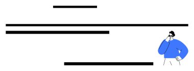 Mavi düşünceli, soyut siyah yatay çizgilerde bir erkek figürü. Analiz için ideal, problem çözme, yaratıcılık, keşif, tefekkür, odaklanma, karar verme. Düz basit metafor