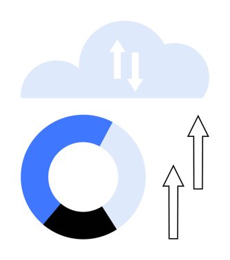Yükleme okları, dairesel pasta grafiği ve yukarı doğru büyümeyi, veri analizini ve ilerlemeyi sembolize eden okları olan bulutlar. Teknoloji, analitik, bulut hesaplama, iş büyüme yeniliği için ideal