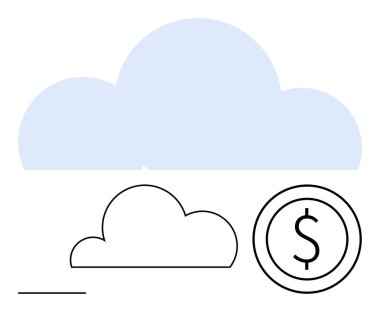 Büyük mavi bulut ve küçük bir bulutun minimal siyah çizgileri ve üzerinde dolar işareti olan bozuk para bulut hesaplama, yenilik ve finans anlamına gelir. Teknoloji, iş, tasarruf, yatırım, maliyet için ideal