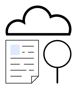 Bir doküman ve büyüteçle birlikte bulut depolama, organizasyon ya da aramayı vurguluyor. Dijital depolama, teknolojik yenilik, veri çözümleri, güvenlik, arama, organizasyon dairesi için ideal