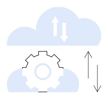 Veri aktarım oklarının yanı sıra, süreçleri ve optimizasyonu gösteren, bulut sembolüne entegre edilmiş dişli. Teknoloji, bulut hesaplama, veri alışverişi, otomasyon, ağ oluşturma, yenilik bilimi için ideal