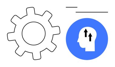 Yukarı bakan okları olan dişli ve insan kafası problem çözmeyi, yeniliği, takım çalışmasını sembolize ediyor. İlerleme, yaratıcılık, bilgi, büyüme, teknoloji çözümleri için ideal düz metafor