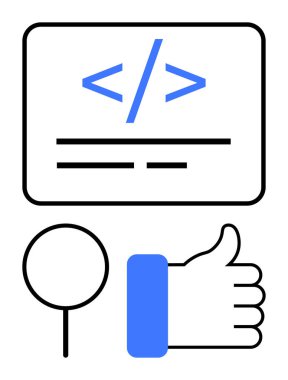 Bir ekrandaki parantez içinde büyüteç ve onay simgesi, kodlamayı, hata ayıklamayı ve onaylanmayı sembolize eden bir parantez. Yazılım geliştirme, kalite güvencesi, kodlama dersleri ve UX için ideal