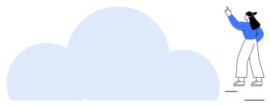 Mavi bulut şeklini gösteren kadın, bulut hesaplamasını, veri depolamasını, bağlantıyı ve teknolojiyi sembolize ediyor. Yenilik, ağ oluşturma, dijital çözümler, uzaktan erişim takım çalışması için ideal