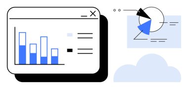 Analitik arayüzde bar çizelgesi, pasta grafiğinin bölümleri ve soyut bulut var. Teknoloji, iş dünyası, finans, veri görselleştirme, pazarlama, ilerleme performans değerlendirmesi için ideal