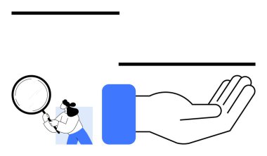 Büyüteç tutan kişi, geniş ve açık bir el desteğini yakından inceliyor. Analiz, araştırma, keşif, destek, yardım ve işbirliği için ideal. Düz basit metafor
