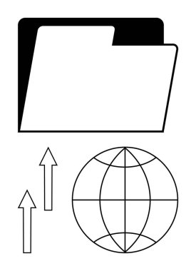 Küre şeklinde dizin ve veri depolama, küresel paylaşma ve bulut transferini gösteren yukarı doğru iki ok. Teknoloji, dijital iletişim, dosya yönetimi, ağ oluşturma, bulut hesaplama, küresel