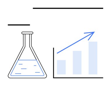 Çubuk grafiğinin yanında sıvı bulunan şişede yukarı doğru ok büyümeyi ve ilerlemeyi sembolize ediyor. Bilim, araştırma, yenilik, veri, eğitim, iş ve gelecek kavramları için idealdir. Düz basit