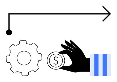 Dolar işaretli siyah el, süreci temsil eden dişli dişli ve yönü simgeleyen ok. Finans, strateji, yenilik, süreç, üretkenlik yatırım artışı için idealdir. Düz basit