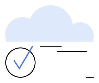 Basit siyah çizgilerin üzerinde mavi bulut ve mavi işaretli koyu siyah bir daire. Veri doğrulama, bulut servisi, çevrimiçi depolama, senkronizasyon, onay, güvenlik, minimalizm için ideal. Düz