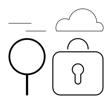 Kilit, bulut, büyüteç ve hız çizgileri güvenliği, veri aramasını, korumayı ve verimliliği simgeler. Teknoloji, güvenlik bulutu depolama veri gizlilik internet güvenliği için ideal