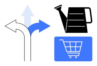 Beyaz ve mavi yönlü oklar, büyüme için siyah bir sulama kutusu ve ticaret için bir alışveriş arabası ile eşleştirilmiş seçenekleri gösteriyor. Karar verme, büyüme, bahçıvanlık, e-ticaret ve tüketici için ideal