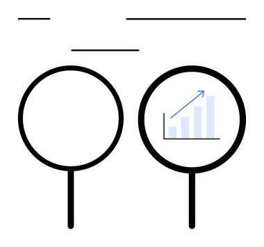 İki büyüteç, biri boş ve diğeri yukarı doğru ok ile büyüme grafiğini gösteriyor. Analiz, ilerleme, odaklanma, iş, araştırma, veri optimizasyonu için ideal. Düz basit metafor