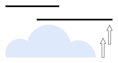 Mavi bulut ve oklar veri yüklemesini işaret ediyor, yatay çizgiler bağlantıyı gösteriyor. Teknoloji, bulut hesaplama, veri, ağ, yenilik, ilerleme iletişimi için ideal. Düz