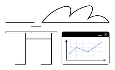 Dinamik çizelge arayüzü pencereli temiz masa stilize bulutlar altında büyümeyi simgeliyor. İlerleme, analitik, uzaktan çalışma, üretkenlik, yenilik, iş planlaması için ideal, düz basit