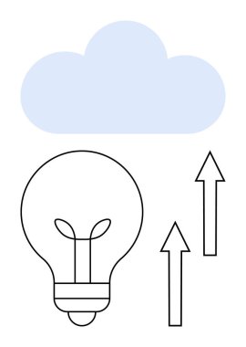Yukarı doğru ok ve buluta bağlı ampul yenilik, bulut depolama ve teknoloji fikirlerini çağrıştırıyor. Yaratıcılık, veri transferi, sürdürülebilirlik, dijital büyüme, strateji, enerji için ideal