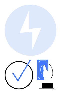 Çemberli yıldırım, işaret simgesi ve el ele tutuşan nakit enerji ödemesi, doğrulama, verimlilik, finansal işlemler ve hizmet onaylarını işaret ediyor. Sürdürülebilir enerji için ideal