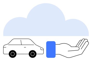 Bulut elementinin altında uzanan el yanında minimal araba. Otomotiv hizmetleri, bulut teknolojisi, hareket kabiliyeti, çevrimiçi yardım, sürdürülebilirlik, destek, ulaşım için ideal. Düz basit metafor