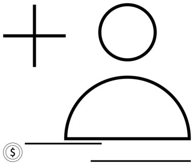 Kayıt veya profil oluşturma için artı işareti ve isteğe bağlı para ana hatlı soyut kullanıcı avatarı. Finans, hesap kurulumu, ağ, kapsama, topluluk, büyüme için ideal