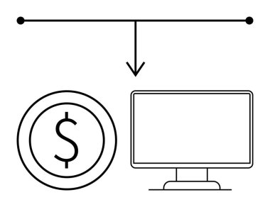 Bilgisayar ekranına okla bağlanmış dolar işaretli para, dijital işlemleri temsil ediyor. Finans, e-ticaret, bankacılık, teknoloji, yenilik, ekonomi için ideal, düz basit metafor