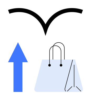Yukarı doğru ok ve soyut kuş sembolü ile eşleştirilen mavi alışveriş torbası çevrimiçi alışveriş, dağıtım, büyüme, sürdürülebilirlik, basitlik, ilerleme, minimalizm anlamına geliyor. E-ticaret ve teslimat için ideal.