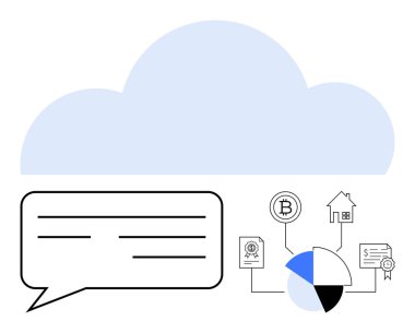 Konuşma baloncuklu bulutlar ve birbirine bağlı finansal simgeler, engelleme zinciri, pasta grafiği, sertifika dahil. Dijital çözümler, iletişim, finans, yatırım, engelleme veri analizleri için ideal