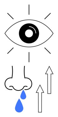 Odaklanma ışınlı göz, su damlalı burun ve hava akışını simgeleyen yukarı doğru oklar. Duyusal algı, biyoloji, sağlık, refleks, tahriş anatomisi alerjisi için ideal. Düz basit metafor