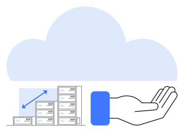 Üst üste dizilmiş sunucular bulutların altında, açık elle destekleniyor. Veri depolama, bulut hesaplama, ölçeklenebilirlik, teknoloji desteği, dijital hizmetler, gelecekteki işbirliği teknolojileri için ideal. Düz