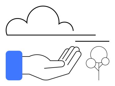 Bulut ve soyut ağaç elementleriyle uzanan el, doğa, sürdürülebilirlik çabaları, çevresel bakım ve korunmayı sembolize eder. Ekolojik eylem için ideal, yeşil enerji