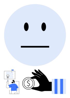 Bir elin bozuk para tutarken tarafsız bir yüz ifadesi ve bir sunucu bir ampulle aynı fikri paylaşıyor. Finans, yaratıcılık, yenilik, iş stratejisi, mesleki planlama için ideal