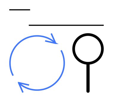Dairesel mavi oklar devamlılığı gösteriyor, bir büyüteç ve iki yatay çizgi ile birleştiriliyor. İş akışı, analiz, yineleme, odaklanma, araştırma, süreç görselleştirme için ideal, düz basit metafor