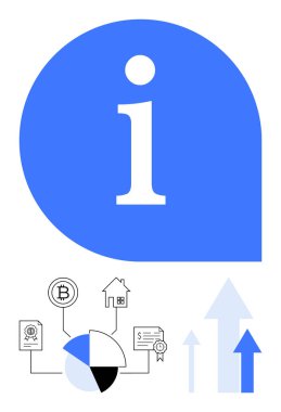 Finans temalı görsellerin üstündeki mavi bilgi simgesi pasta grafiği, ev, bitcoin ve büyüme gösteren oklar da dahil. Finans, ekonomi, yatırım, eğitim, veri analizi için ideal gayrimenkul süreci