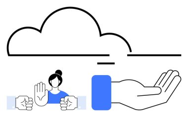 Ellerinin üzerindeki büyük bulut dur, tut ve destekle işaret ediyor. Teknoloji, güvenlik, bulut hesaplama, takım çalışması, erişim, depolama çözümleri için ideal düz bir metafor