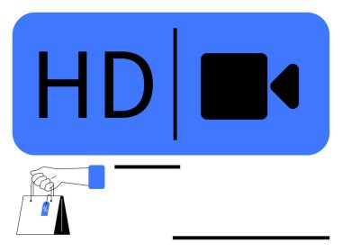 HD video simgesi ile yanında bir alışveriş çantası ve fiyat etiketi olan bir el, e-ticaret ve video özelliklerinin harmanlanmasını öneriyor. Akış, alışveriş, pazarlama, teknoloji, perakende, reklam için ideal