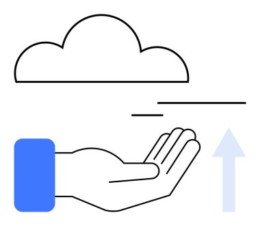 Yukarı doğru ok ve hareket çizgileri olan bir bulutun altında ellerini aç. Teknoloji, bulut hesaplama, veri transferi, yenilik, destek, paylaşım, sürdürülebilirlik için ideal. Düz basit metafor