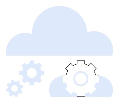 Üst üste binen vitesli mavi bulutlar bulut hesaplamasını, otomasyonu, veri yönetimini ve işlem verimliliğini sembolize eder. Teknoloji, yazılım, yenilik, dijital dönüşüm, takım çalışması için ideal