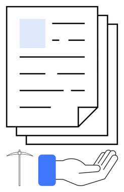 Bir yığın belge, kazma ve maden kaynaklarını, anlaşmaları ve finansal desteği temsil eden açık bir el. Madencilik, müzakere ve iş desteği paylaşımı için ideal. Düz