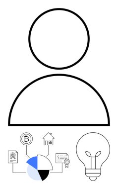 Finansal diyagram, ev, kripto para birimi, sertifika ve ampul üzerinde minimalist kullanıcı simgesi. Finans, yenilik, teknolojik veri yaratıcılığı yatırım profili için ideal. Düz basit metafor