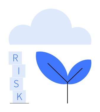 Risk bloklarının yanında koruyucu bir bulutun altında bitki filizlenir. Güvenlik, büyüme, sürdürülebilirlik, risk yönetimi, istikrar, doğa, kalkınma için idealdir. Soyut çizgi düz metafor