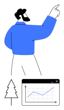 İnsan, yükselen bir grafik ve ağacın yanında, gelişimi, büyümeyi, ekolojik bilinci ve iş inovasyonunu temsil ediyor. Başarı, strateji, iklim hareketi, iş büyüme ortamı için ideal