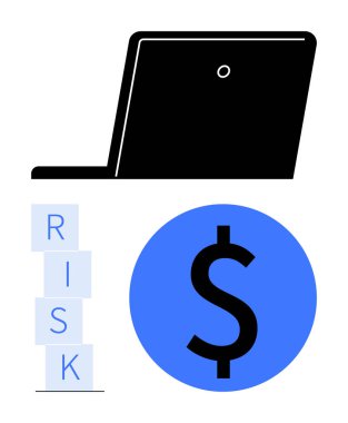 Siyah dizüstü bilgisayar, mavi dolar işareti ve dikey risk engelleri mali değerlendirmeyi, karar vermeyi simgeliyor. İş stratejisi, mali yönetim, risk analizi, bankacılık, sigorta için ideal