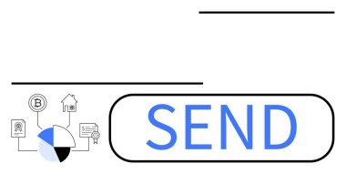 Şifreli para, konut, yasal sertifikalar ve pasta grafiğini temsil eden simgelerin yanına SEND etiketli düğme. Finans, dijital ödeme, engelleme zinciri, bankacılık, varlık yönetimi e-ticaret dairesi için ideal