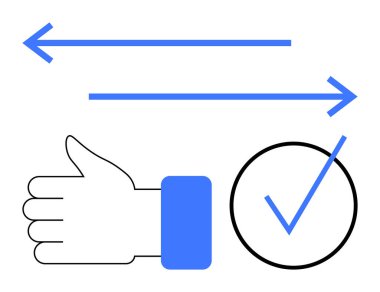 Mavi oklar yönü, baş parmaklar onayı ve kontrol işaretleri de tamamlamayı ya da doğruluğu temsil ediyor. Çalışma akışı, takım çalışması, onay süreci, yön, başarı, tamamlama için ideal